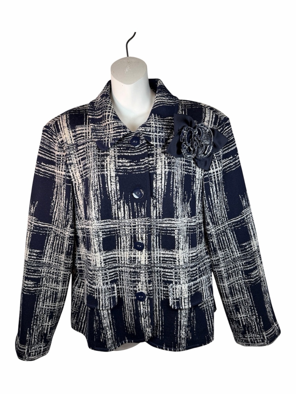 St. John Navy White Abstract Print Knit Blazer Jacket Floral Brooch 16 Classic